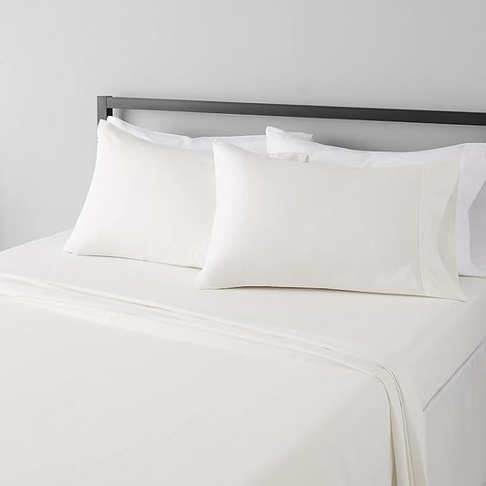 Amazon Basics Lightweight Super Soft, Wrinkle-Free, Breathable Microfiber 4 Piece Bed Sheet Set with 14-Inch Deep Pockets, Queen, Cream, Solid AmazonBasics