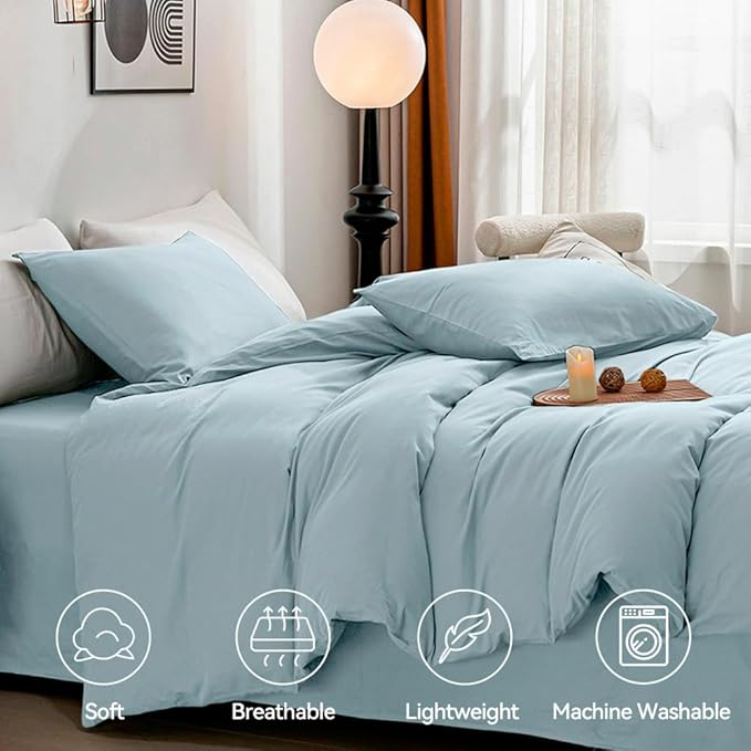 JELLYMONI Cotton Duvet Cover Full Size - 100% Washed Cotton Linen Like Textured Comforter Cover, 3 Pieces Breathable Soft Bedding Set with Zipper Closure (Light Blue, 80"x 90")