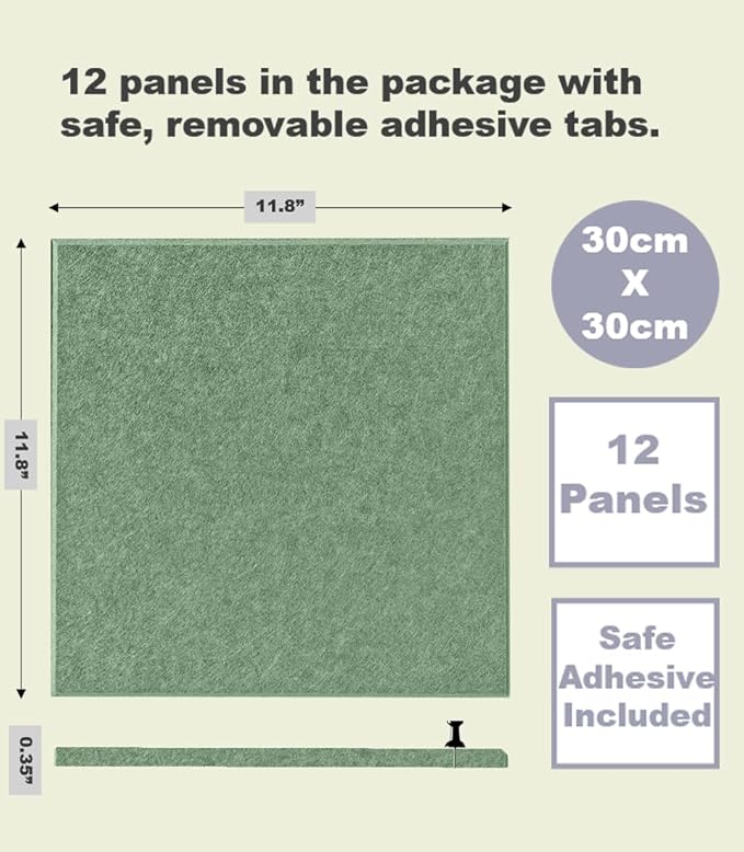 Green Bulletin Board | Large Cork Boards Alternative for Walls | Felt Cork Board for Office, Home & Classroom | Green Office Classroom Supplies | Felt Wall Tiles (12-Pack) | Forest Green