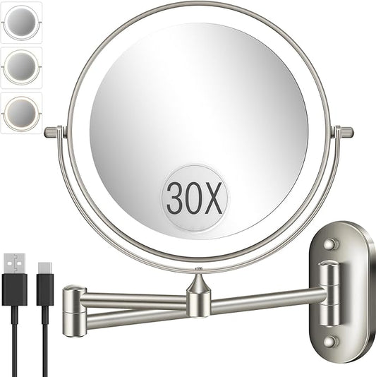 30X/1X Wall Mounted Lighted Makeup Mirror, 8'' Double Sided Rechargeable Magnifying Bathroom Mirror with Light, 3 Color Lights Touch Dimmable Extended Arm 360 Rotation Light up Mirrors