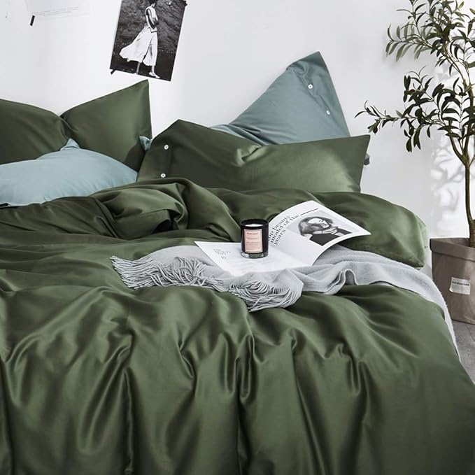 VM VOUGEMARKET Sateen Cotton Duvet Cover Queen,3pcs Dark Army Green Bedding Set for Hot Sleeper,Soft Siky Breathable Duvet Cover with Zipper Closure (Olive Green,Queen)