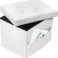 Storage Ottoman Foot Rest Stool, Small Leather Storage Ottomans Bench, Folding Footstool with Side Pockets, Foot Rest Under Desk for Living Room Bedroom, 17x13x13 in, White