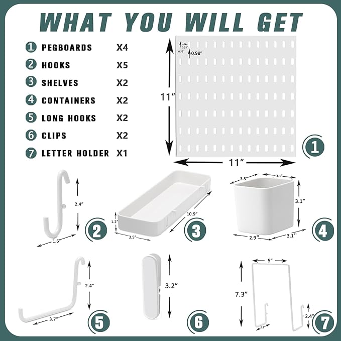 Pegboard Combination Kit, Wall Mounted Storage Set with 4 Pegboards & 14 Accessories Hanging, White Peg Boards Organizer for Walls Display, Crafts Organization, Kitchen Organizer, 22" x 22"
