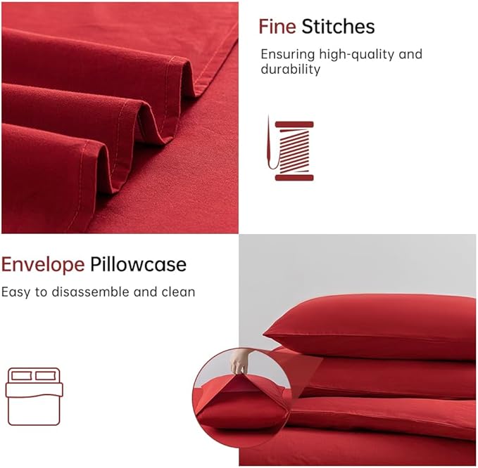 JELLYMONI Red Duvet Cover Queen Size - 100% Washed Cotton Linen Like Textured Comforter Cover, 3 Pieces Breathable Soft Bedding Set with Zipper Closure (Red, Queen 90"x90")