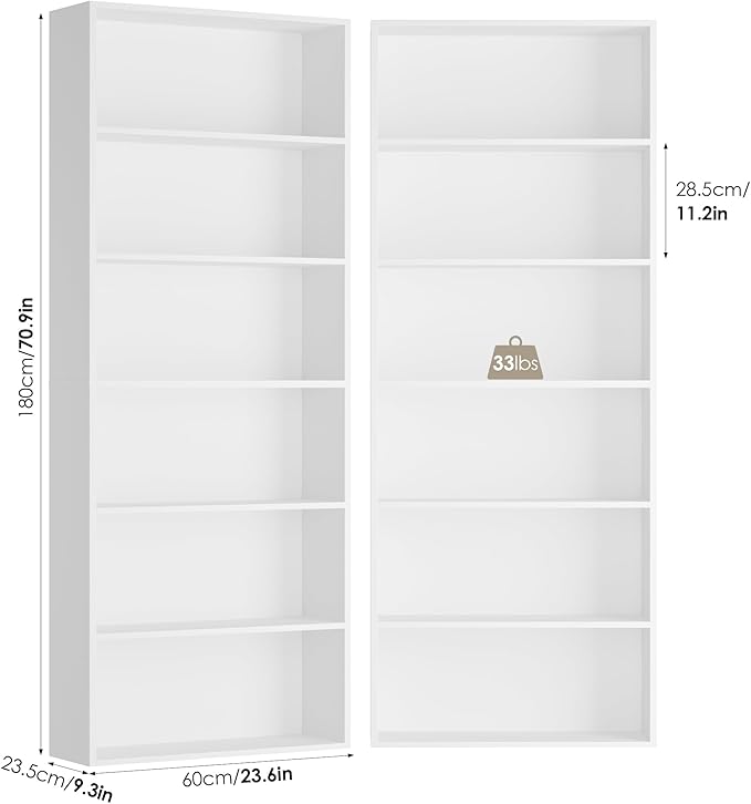 FOTOSOK 6-Tier Open Bookcase and Bookshelf Set of 2, Freestanding Display Storage Shelves Tall Bookcase for Bedroom, Living Room and Office, White