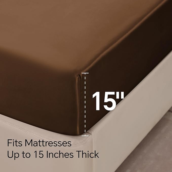 BEDELITE King Size Sheets Set, Luxury Soft Brown Satin Sheets for Hair and Skin, Similar to Silk Bed Sheets Set 4 Pieces with 1 Deep Pocket Fitted Sheet, 1 Flat Sheet, and 2 Pillowcases