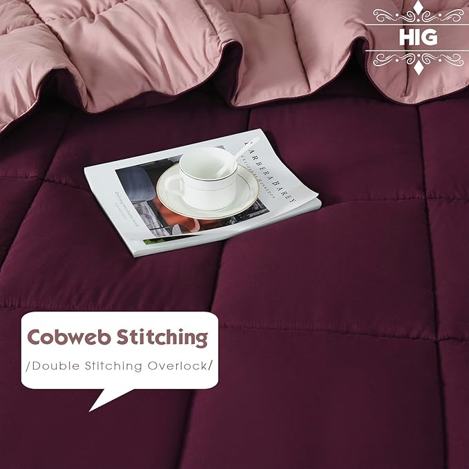 HIG 3pc Plum Queen Comforter Set - All Season Reversible Down Alternative Comforter with Two Shams - Quilted Duvet Insert with Corner Tabs - Box Stitched - Breathable, Soft, Fluffy