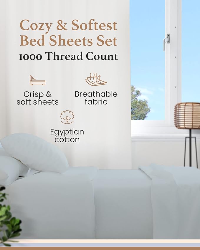 Good Sleep Bedding King Sheets Sets - 4 Pc, 100% Egyptian Cotton King Size Sheets Set, 1000 TC Luxury King Sheets Deep Pocket 16 Inch, Soft Hotel Style Sheets King Size with Pillowcases - Light Blue GoodSleepBedding