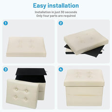 Storage Ottoman Foot Rest Stool, Small Leather Storage Ottomans Bench, Folding Footstool with Side Pockets, Foot Rest Under Desk for Living Room Bedroom, 16x12x12 in, Beige