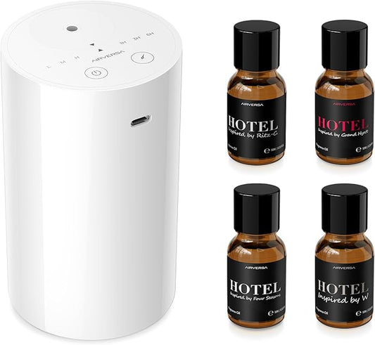 Airversa Waterless Essential Oil Diffuser Starter Kit with 4 x 10mL Hotel Scent Fragrance Oil, Battery Operated Mini Scent Air Machine Portable Diffuser for Home Car Office, AN8 Kit White