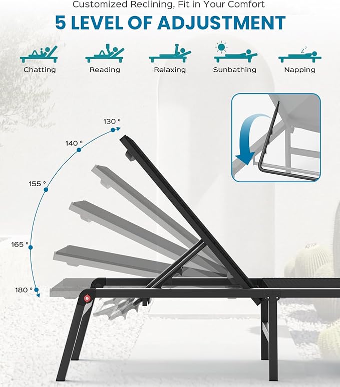 Foldable Pool Lounge Chairs, Aluminum Chaise Lounge Outdoor with 5 Positions Recliner - Free Assembly - Patio Lounge Chair for Poolside, Beach (Black)
