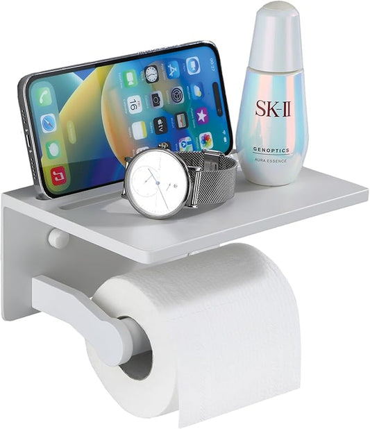 Toilet Paper Holder with Phone Shelf - Tissue Roll Holder Bathroom Storage Dispenser - Adhesive Toilet Paper Holder Wall Mount Bathroom Décor - Matte White