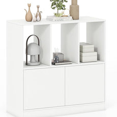 GOFLAME 3 Cube Bookcase with Doors, 3-Tier Cubby Book Shelf with 3 Open Compartments, Cabinet, Wooden Small Display Shelf, Freestanding Cubic Storage Organizer for Living Room, Study (1,White)