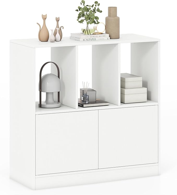 GOFLAME 3 Cube Bookcase with Doors, 3-Tier Cubby Book Shelf with 3 Open Compartments, Cabinet, Wooden Small Display Shelf, Freestanding Cubic Storage Organizer for Living Room, Study (1,White)