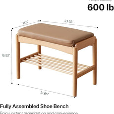 Solid Wood Shoe Bench Assembled, Shoe Rack Bench with Silicone Leather Cushion for Entryway, Living Room, Bedroom, Hallway, 11.8