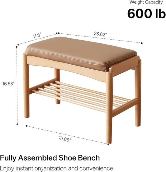 Solid Wood Shoe Bench Assembled, Shoe Rack Bench with Silicone Leather Cushion for Entryway, Living Room, Bedroom, Hallway, 11.8" x 23.6" x 16.5", Natural