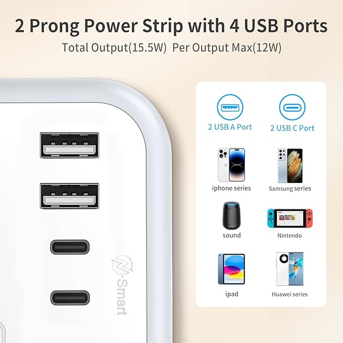 NTONPOWER 10FT Extension Cord 2 Prong, 2 Prong to 3 Prong Outlet Adapter, 1875W 2 Prong Power Strip with 4 USB Ports(2 USB C),Wall Mount Flat Plug Extension Cord Old House