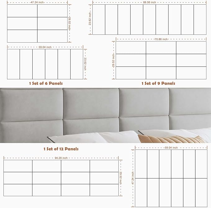 IFNOW Wall Mounted Upholstered Headboard King, 3D Peel and Stick Soundproof Panels, Reusable and Removable Padded Leather Bed Headboard, 12 Panels 9.84" x 23.62", Light Grey