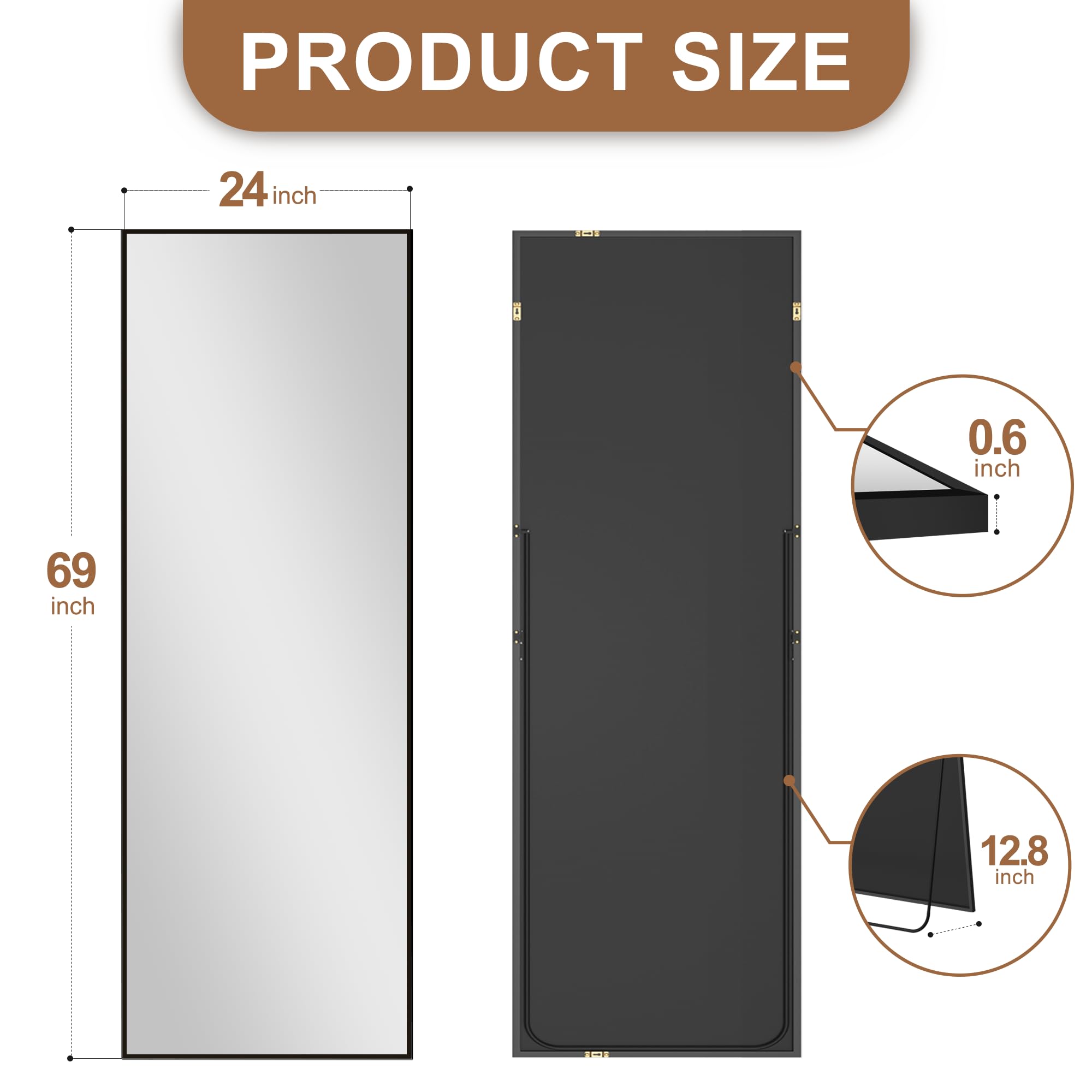 Delma Wall Full Length Mirror,Standing Mirror Full Body,Large Floor for Wall Door Bedroom Bathroom Living Room with Aluminium Frame(with Stand,56x15-Black) Dormly
