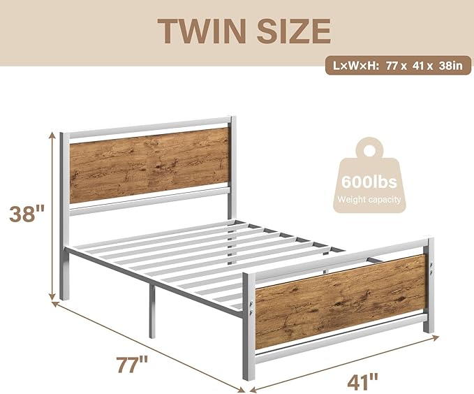 Twin Bed Frames with Headboard, Industrial Style Twin Size Bed Frame, Twin Size Bed Frames with Wooden Footboard, Heavy Duty, No Box Spring Needed, Noise-Free, Easy Assembly, White Brown