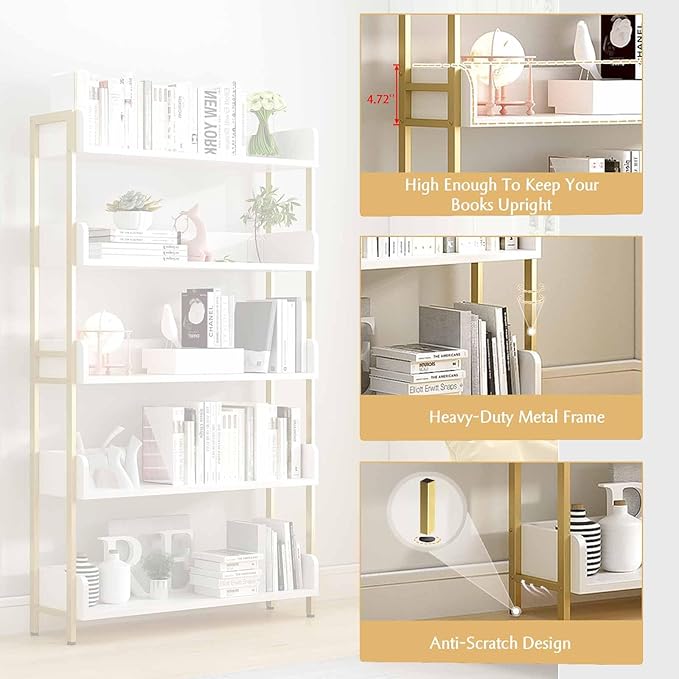 Wide Open Shelf Bookcase - Modern 5-Tier Freestanding Display Bookshelf with Three-Side Panels for Home and Office, Storage Shelving in Warm White with Gold Frame