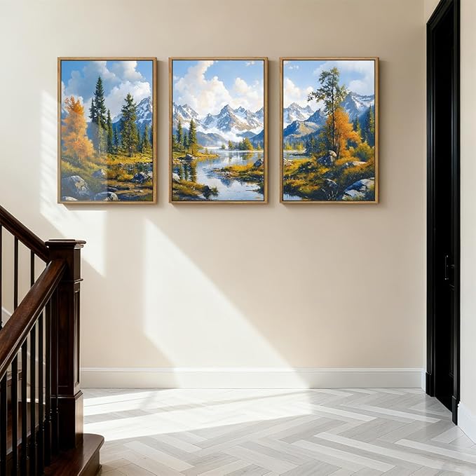 BINCUE Framed Mountain Landscape Wall Art Nature Forest Wall Decor Tree and River Art Print for Living Room Bedroom Office 16x24 Inches Set of 3