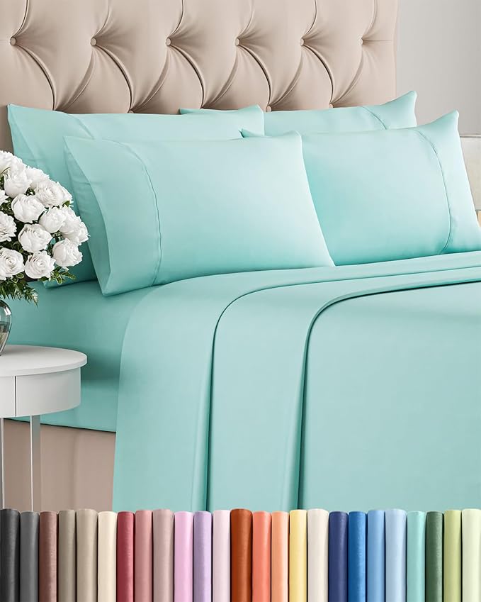 King Sheets Set 6 Piece - Includes 4 Pillowcases - Bed Sheets King Size - Soft Hotel Luxury Bedding - Cooling, Comfy, Cozy & Breathable - 1 Flat & 1 Fitted & 4 Pillowcases w/ Deep Pockets - Spa Blue