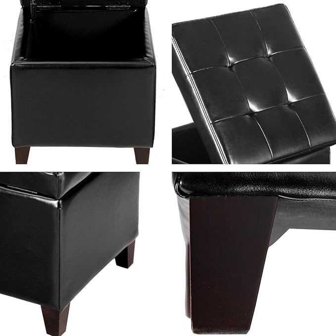 Black PU Leather Square Storage Ottoman Lift Top Footstool with Wood Legs, 18"x18"x18"