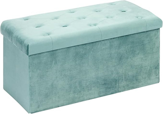 B FSOBEIIALEO Folding Storage Ottoman, Long Ottomans Shoes Bench, Velvet Storage Chest Footrest Seat 31.5"x15.7"x15.7" (Teal, Large)