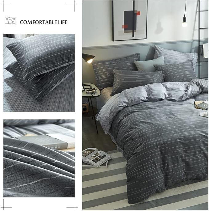 VM VOUGEMARKET Gray Stripes Bedding Set,3 Pieces Twin Duvet Cover with 2 Pillowcases for Boys Men 100% Cotton Modern Reversible Striped Comforter Cover with Zipper-80x90 Inch