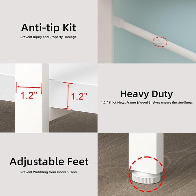 HSH 5 Tier Tall White Bookshelf, Metal and Wood Storage Book Shelves for Bedroom Living Room Office, Modern Large White Bookcases and Bookshelves 5 Shelf, Farmhouse Open Vertical Display Book Shelf