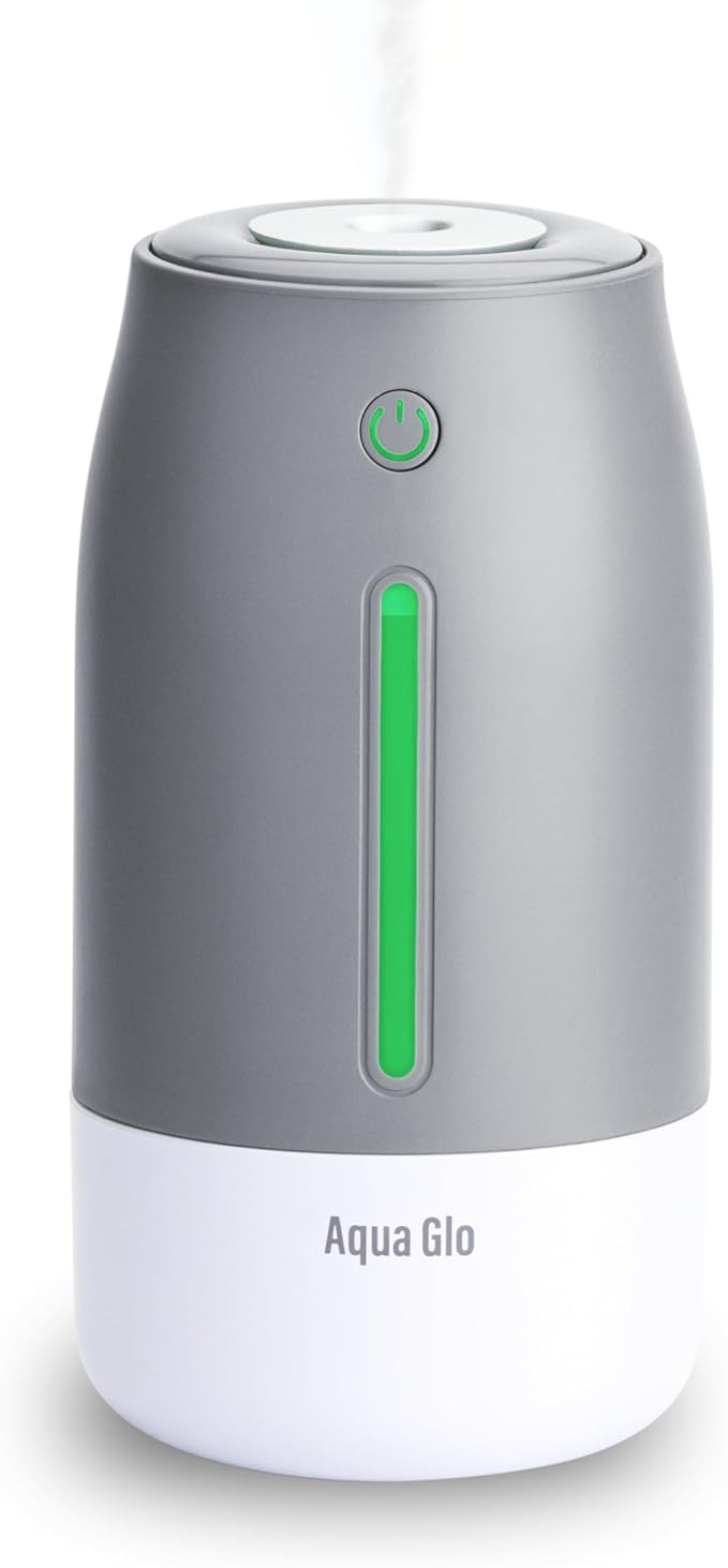 Aqua Glo Personal, Portable Humidifiers for Bedroom – Ultrasonic Cool Mist Humidifier with Built In Rechargeable Battery. Air Humidifier for Baby, Plants, Home, Office, Travel. Gray