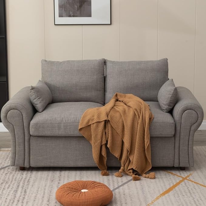 Panana Modern 2 and 3 Seats Loveseat Sofa Couch with Storage, Small Love Seat Couches for Living Room, Bedroom, Apartment, Office (Light Gray Linen Fabric, Ruched Arm - 2 Seater)