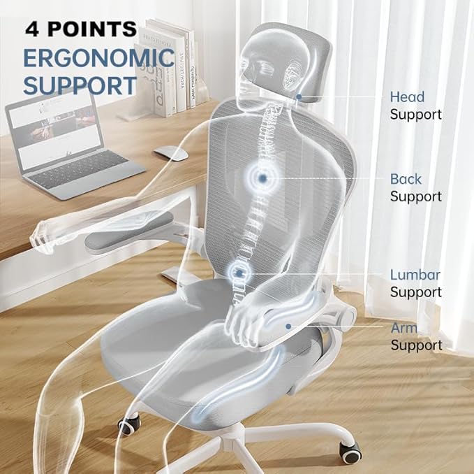 Office Chair Ergonomic Desk Chair, 330LBS Capacity, High Back Computer Chair for Long Hours Comfortable, Rolling Swivel Chair for Home Office, Flip-up Armrests，White+Grey