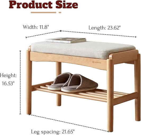 Solid Wood Shoe Bench Assembled, Shoe Rack Bench with Cushion for Entryway, Living Room, Bedroom, Hallway, 11.8" x 23.6" x 16.5", Natural