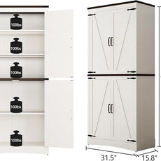 71in Farmhouse Kitchen Pantry Cabinet,Tall Storage Cabinet with 4 Doors and Adjustable shelves,with Load-Bearing Steel Pipe,Wood Storage Cabinets for Kitchen,Dining Room,Bathroom(White)