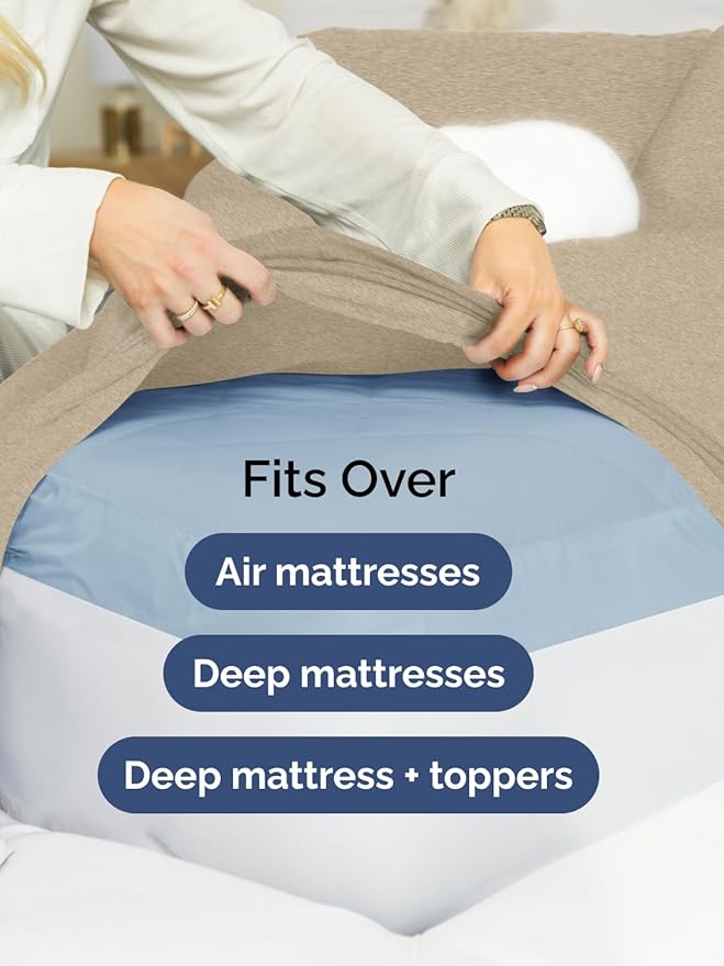 Extra Deep Pocket Split King Sheets - 5 Piece Breathable & Cooling Bed Sheets - Hotel Luxury Bed Sheet Set - Soft, Wrinkle Free & Comfy - Easily Fits Extra Deep Mattresses - Heathered Beige Sheets Set