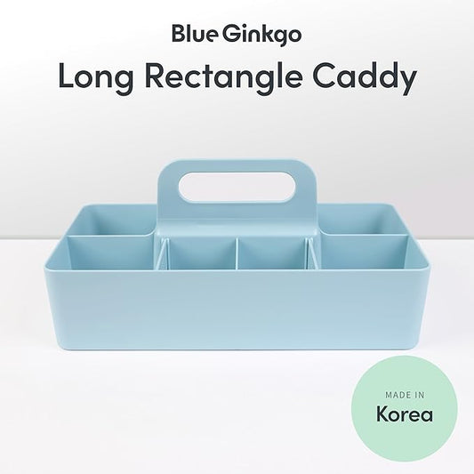 BLUE GINKGO Stackable Organizer Caddy – Korean-Made Portable Tote for Bathroom, Office, Crafts, or School Supplies (Long Rectangle, Blue)