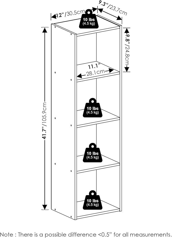 Furinno PASIR Book Shelf, 4-Tier Modern Bookshelf, Open Shelves Bookcase 9 x 12 x 42, for Living Room, Bedroom, Home Office, Blackwood