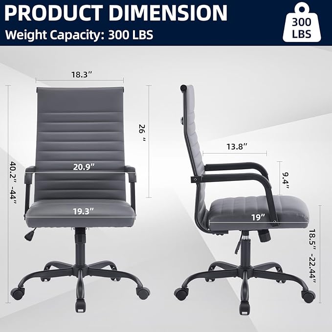 Office Chair, Ergonomic Executive Conference Room Chairs, Ribbed Leather Desk Chair with Lumbar Support, Adjustable Height Mid-Back Swivel Chair with Padded Seat and Square Tube Armrests
