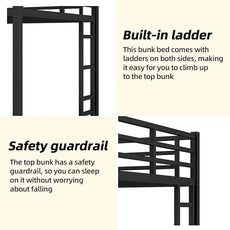 Queen Over Queen Bunk Bed, Metal Bunk Bed Frame Heavy Duty Bunk Beds Loft Bed Frame with Ladder and Guardrail Metal Slats No Box Spring Required for Adults Teens,Black