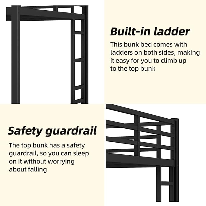 Queen Over Queen Bunk Bed, Metal Bunk Bed Frame Heavy Duty Bunk Beds Loft Bed Frame with Ladder and Guardrail Metal Slats No Box Spring Required for Adults Teens,Black