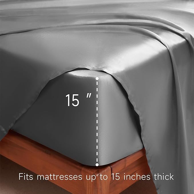 Satin Sheets King Size - 4 Pieces Luxury Silky Soft Bed Sheets, Wrinkle-Free Dark Grey Satin Silk Sheet Set with 1 Deep Pocket Fitted Sheet, 1 Flat Sheet, 2 Pillow Cases