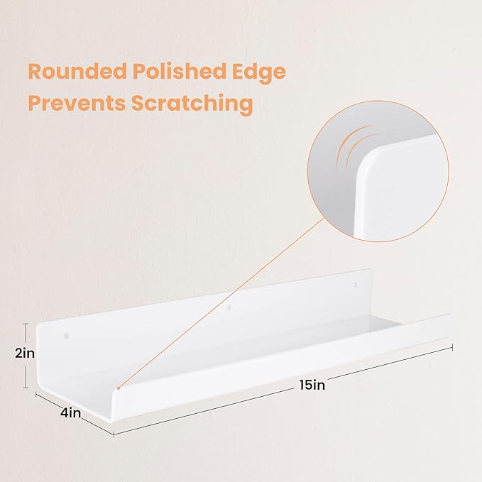 upsimples Acrylic Shelves for Wall Decor, 15" Display Shelf Perfume Organizer for Bathroom, Bedroom, Living Room, Floating Bookshelves for Kids, White, 4 Pack