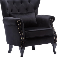 Mid Century Accent Chair Modern Button Tufted Armchair Club Chair Velvet Wingback Single Sofa Lounge Chair with Pillow for Living Room Bedroom, Black