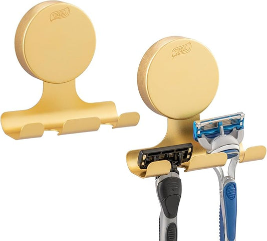 TAILI 2 Pack Powerful Suction Cup Razor Holder, 304 Stainless Steel Bathroom Suction Hooks for Towel, Loofah, Bathrobe, Stylish Shaver Holder for Shower Wall, Easy to Install and Reuse, Gold