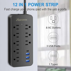 10FT Surge Protector Power Strip Extension Cord, Asamoom ETL Listed Flat Plug Power Strip with Long Cord, 8 Outlets and 3 USB A & 1 USB-C Port, 1700J Wall Mount Desk Black