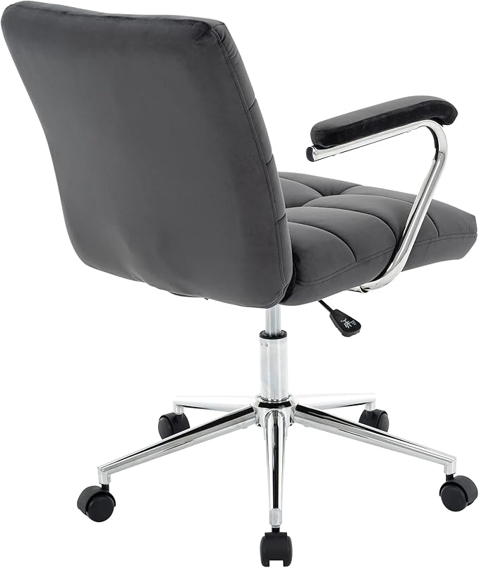 Velvet Home Office Desk Chair, Upholstered Adjustable Swivel Task Chair with Wheels, Tufted Mid-Back Computer Chair with Arms, for Study Living Room Vanity (Dark Grey)