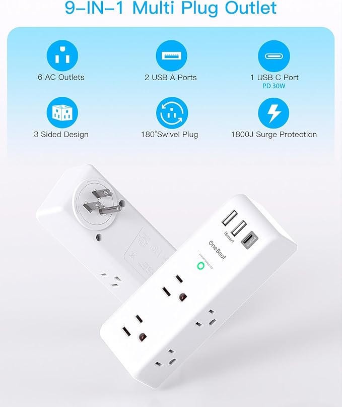 PD 30W Surge Protector Outlet Extender, Rotating Plug, One Beat 6 AC Multi Plug Outlet with 3 USB Ports (1 USB C), 1800J, 3-Sided Swivel Power Strip with Spaced Outlet Splitter for Home Office Dorm