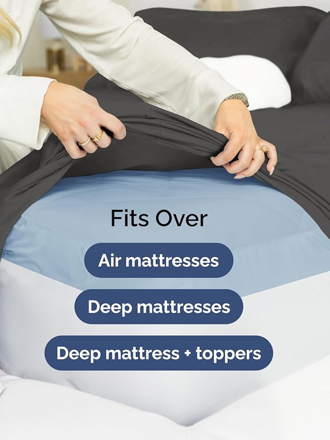 Extra Deep Pocket Split King Sheets - 5 Piece Breathable & Cooling Bed Sheets - Hotel Luxury Sheet Set - Soft, Wrinkle Free & Comfy - Easily Fits Extra Deep Mattresses - Deep Pocket Charcoal Sheets